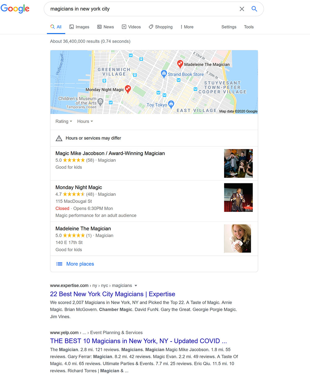 Local magicians dominate the search results in google maps